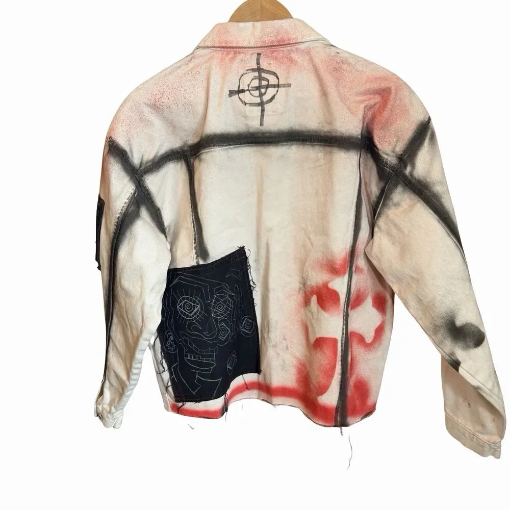Hand Painted Graffiti Jacket Street Art Punk New Look White Denim Small Raw Hem